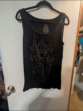 Faded Glory Black Tank Top with Metallic Stud Geometric Design